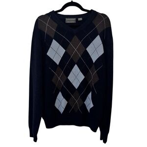 Giasone Sweater Mens Large Navy Argyle 100% Cashmere V Neck Preppy Academia
